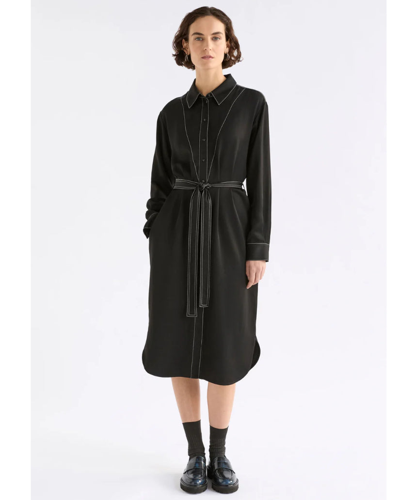 Elk Famke black dress, stylish women's clothing with a fitted silhouette, shown on a model against a neutral background.