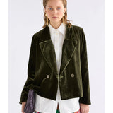 Elk Suuri double-breasted blazer in deep olive velvet, tailored fit with lapel collar and front button closure.
