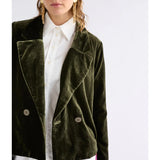 Elk Suuri double-breasted blazer in deep olive, shown in a close-up image of the tailored velvet fabric and structured fit.