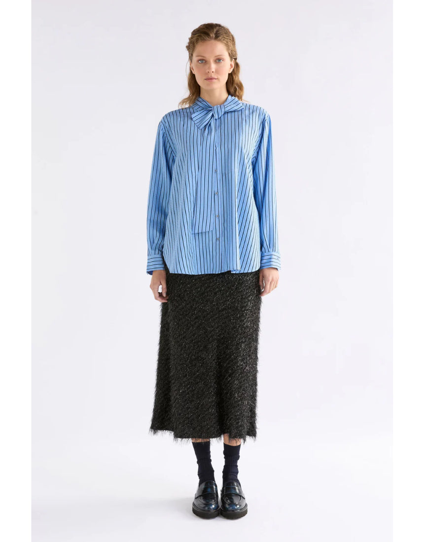 Elk Hedi shirt in chambray stripe with long sleeves, button-up front, and collar, displayed on a neutral background.