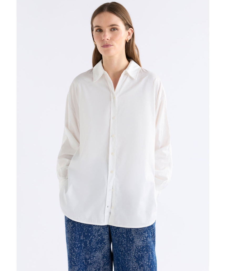 White Elk Sol Shirt by ELK The Label, front view showing classic long-sleeve top with a relaxed fit.