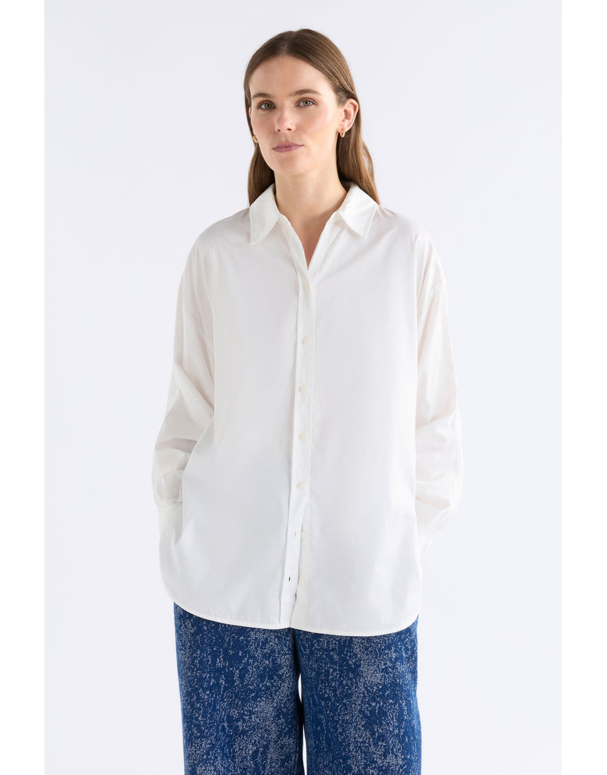 White Elk Sol Shirt by ELK The Label, front view showing classic long-sleeve top with a relaxed fit.