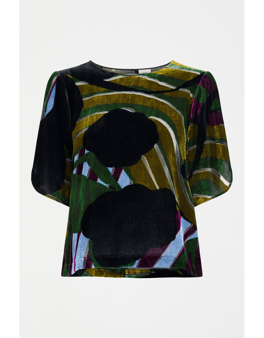 ELK The Label Reihen Top in Stribe Burnout, charcoal gray, with a relaxed fit and soft fabric, displayed on a hanger.