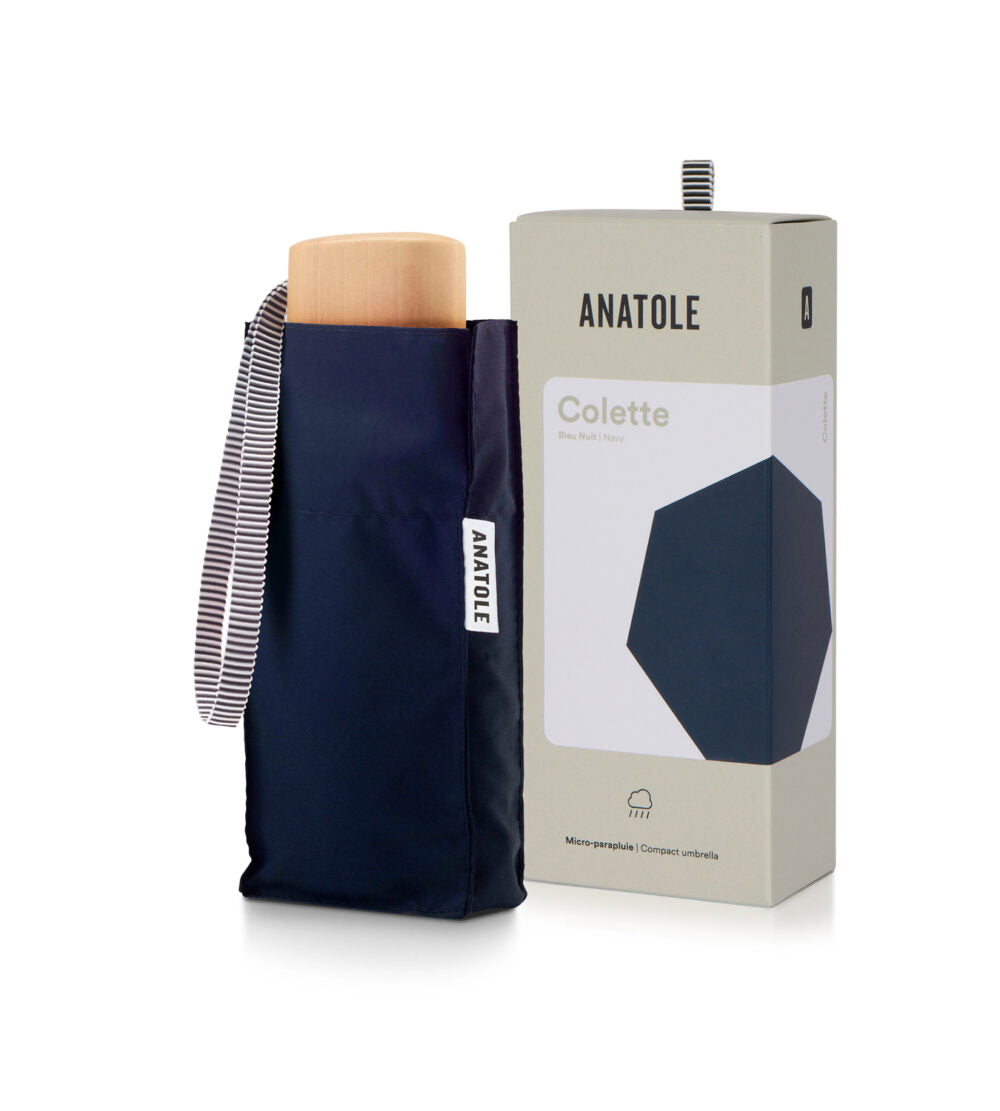 Anatole Colette navy blue micro-umbrella with matching sleeve and box