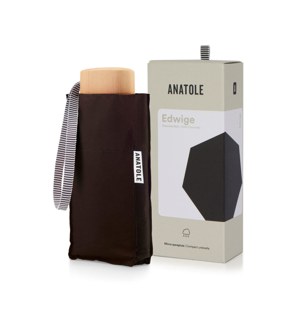Anatole Edwige chocolate micro-umbrella open, compact design with a smooth chocolate-colored canopy and slender handle.