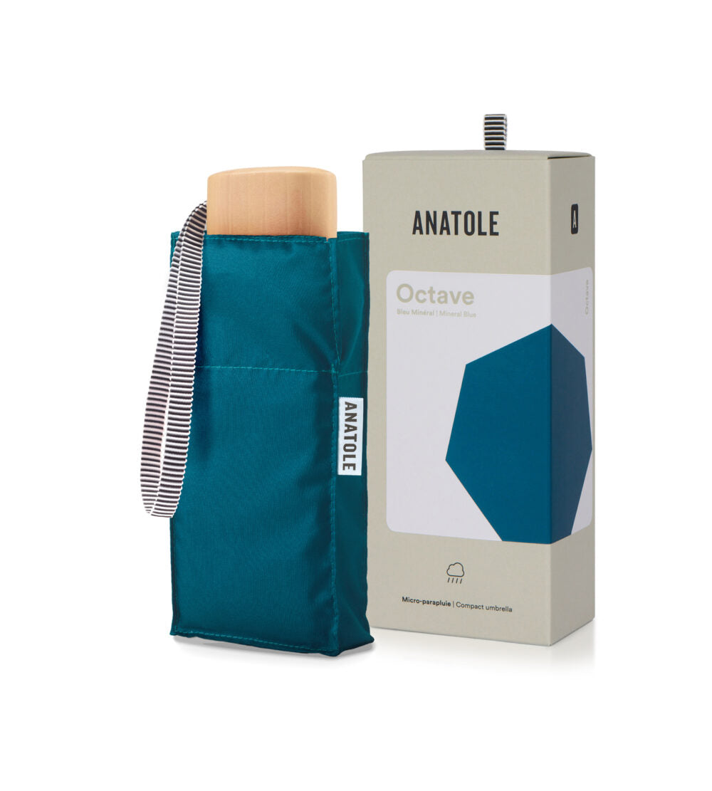 Anatole Octave Micro-Umbrella in mineral blue, compact umbrella with a sleek design, perfect for rain protection.