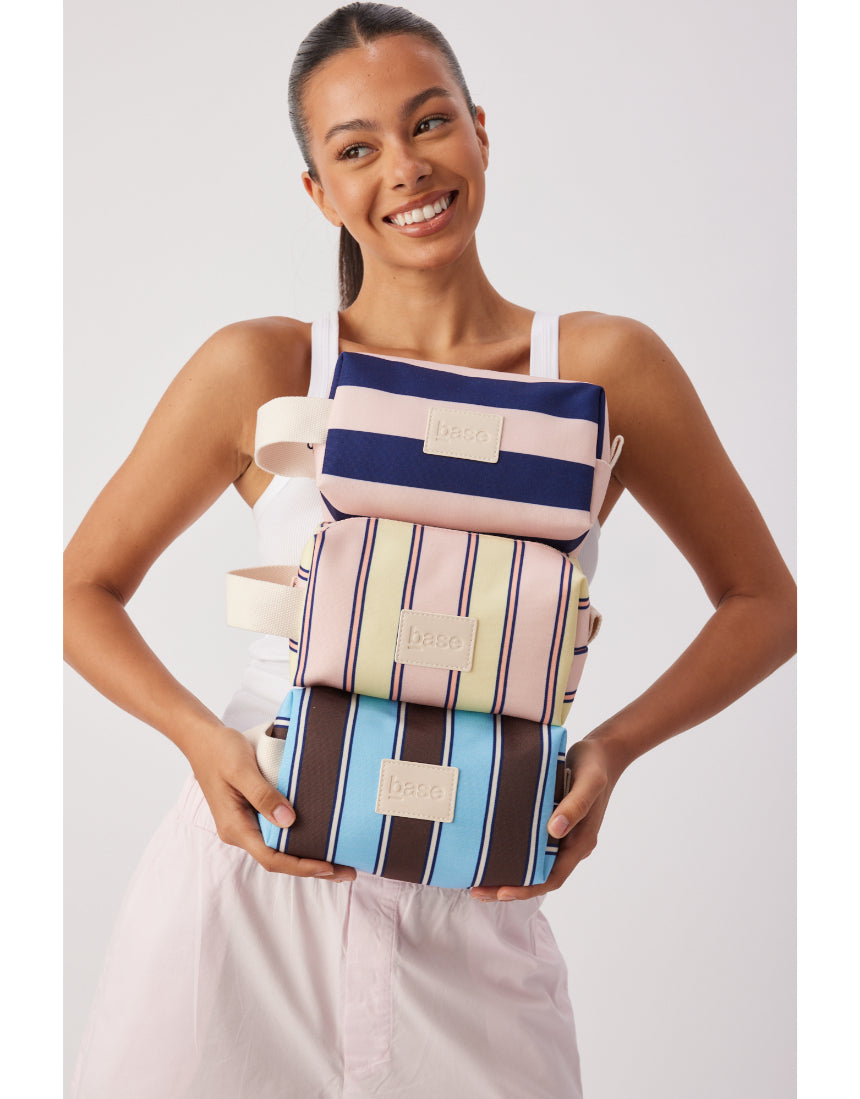 Chocolate stripe Ditty Base from Base, showcasing a stylish fabric base with a chocolate and white striped pattern.