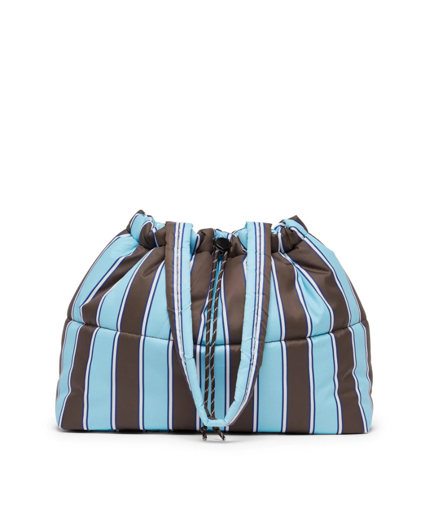 Chocolate brown striped scrunch base from Base Supply, shown with a close-up of textured fabric and elastic band detail.