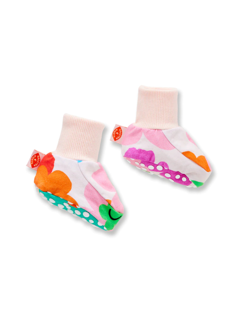 Halcyon Nights Hey Blomma! Veg baby booties in soft fabric, colorful floral design, perfect for infants' cozy footwear.