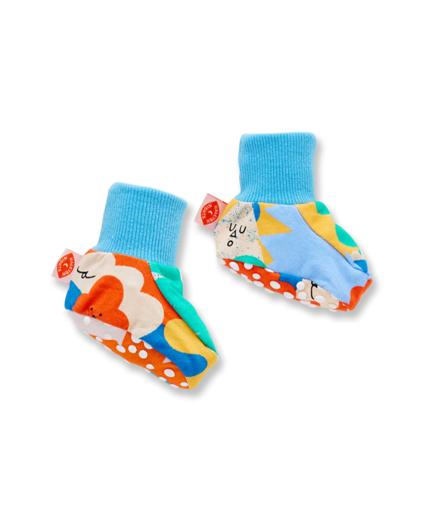 Halcyon Nights Mount Wiggly baby booties in soft fabric, designed for comfort and warmth for infants.