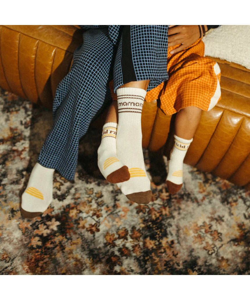 Banabae Rad Mama organic cotton crew sock with Coco stripe design, featuring comfortable fit and colorful striped trim.