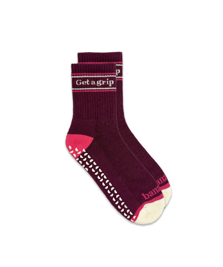 Banabae Get A Grip Socks in wine and pink with textured grip soles, designed for comfort and stability.