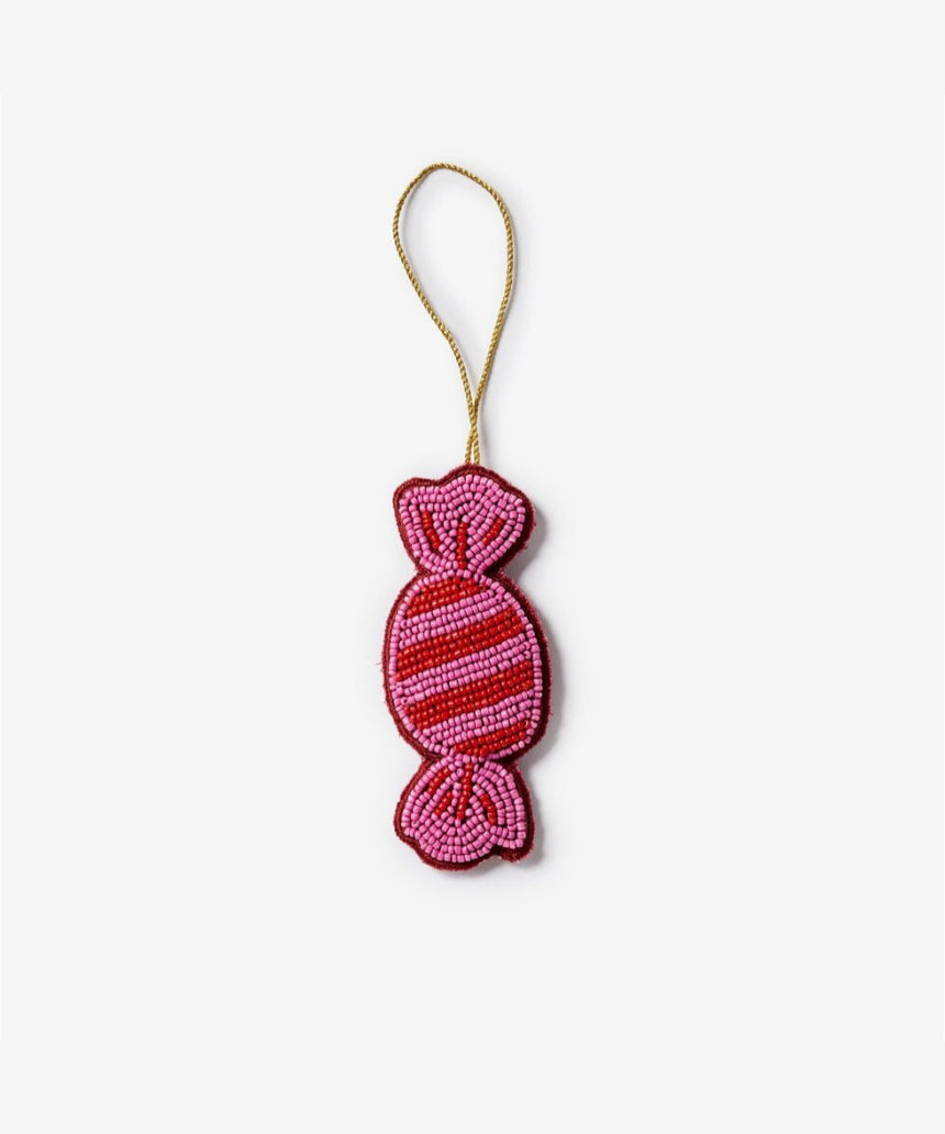 Beaded pink Christmas decoration by Bonnie and Neil featuring a festive bon bon design with intricate beadwork.