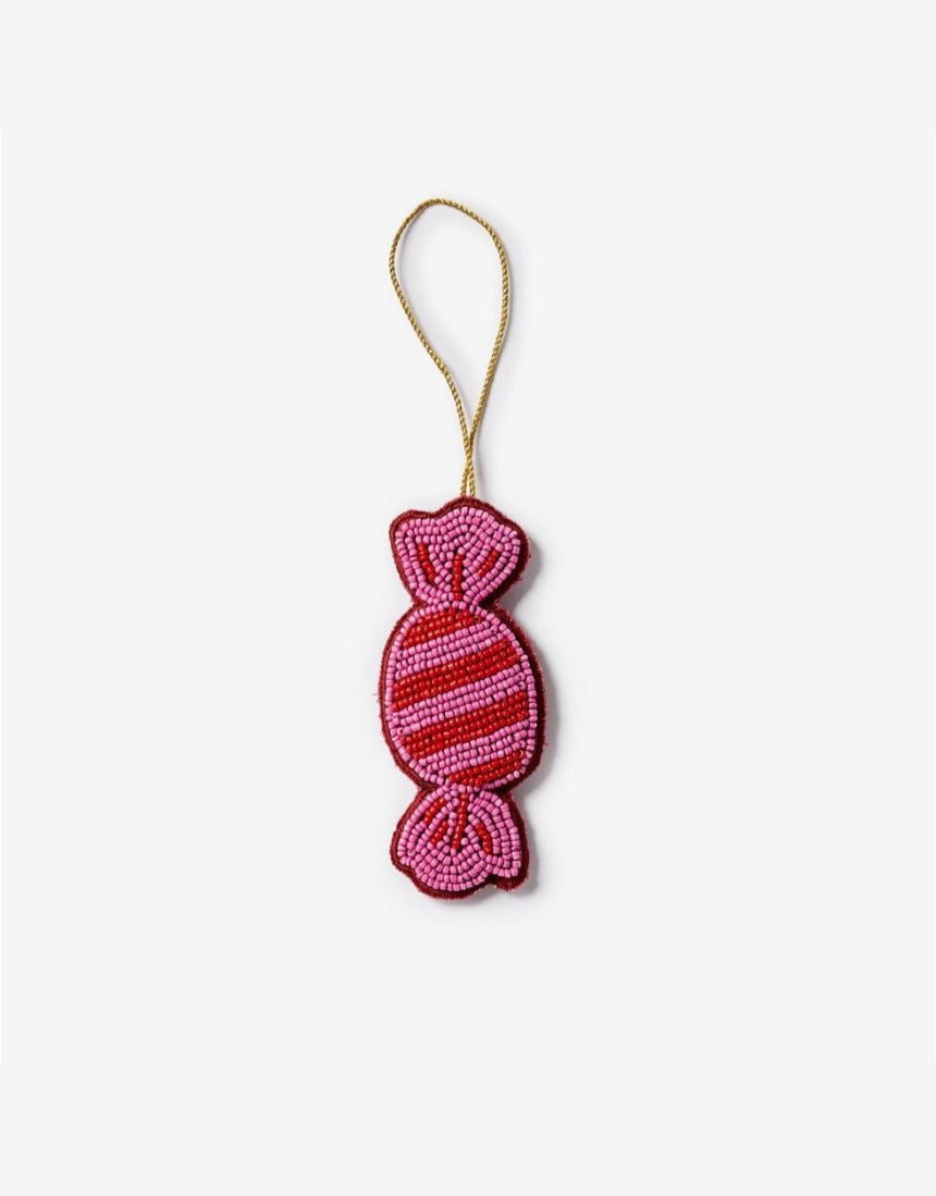 Beaded pink Christmas decoration by Bonnie and Neil featuring a festive bon bon design with intricate beadwork.