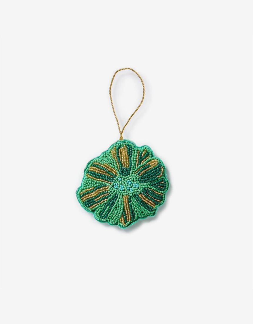Green beaded flower Christmas decoration by Bonnie and Neil, featuring intricate beadwork and festive holiday design.