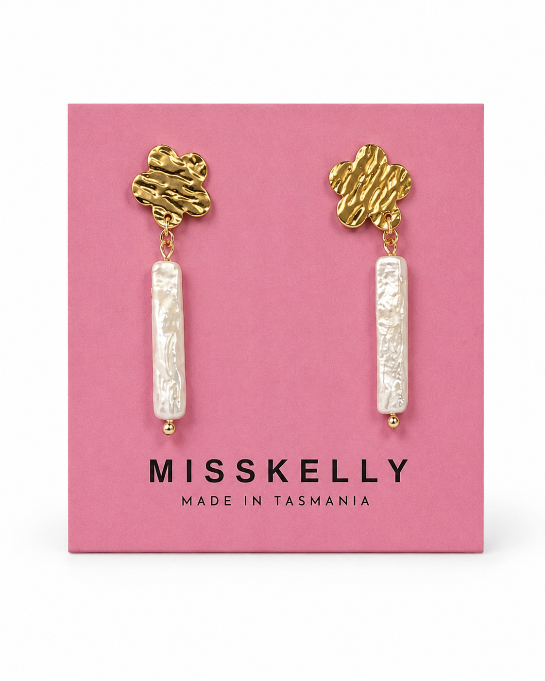 Gold floral pearl stick earrings by Miss Kelly featuring delicate flower designs and elegant pearl accents.