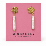 Gold floral pearl stick earrings by Miss Kelly featuring delicate flower designs and elegant pearl accents.
