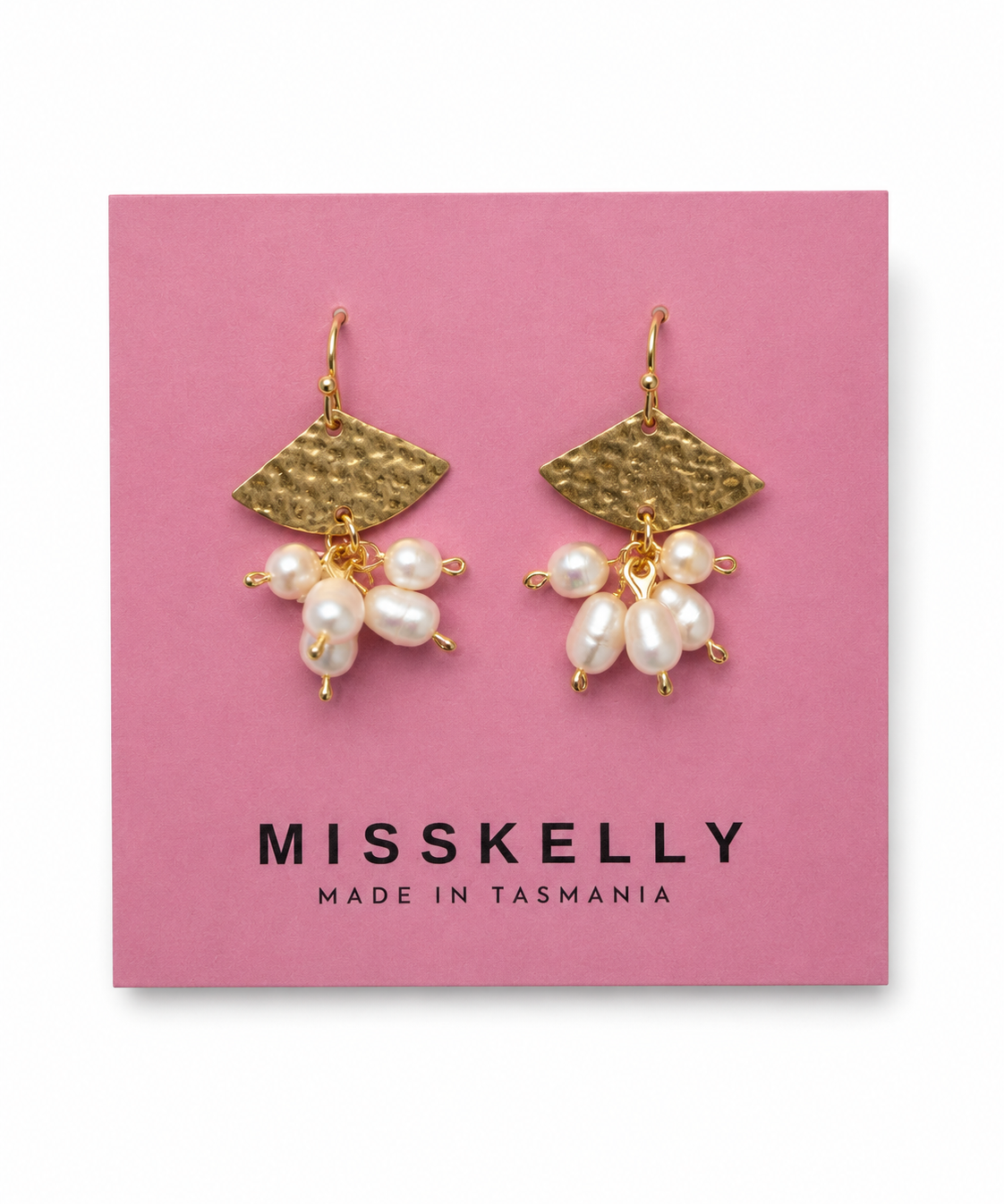 Gold fan-shaped pearl earrings by Miss Kelly featuring five pearls, elegant and stylish jewelry for sophisticated looks.