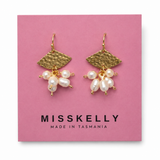 Gold fan-shaped pearl earrings by Miss Kelly featuring five pearls, elegant and stylish jewelry for sophisticated looks.