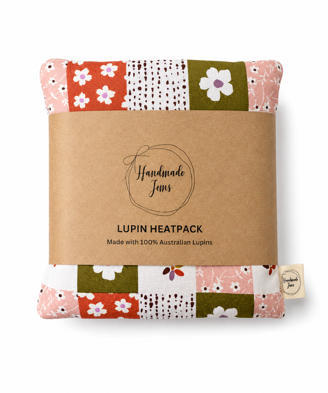 Handmade Jems Botanics Lupin heat pack featuring a soft fabric cover with floral botanical patterns and a cozy filling.