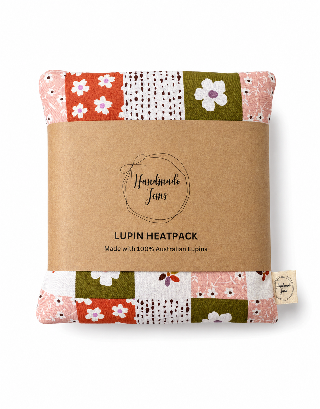 Handmade Jems Botanics Lupin heat pack featuring a soft fabric cover with floral botanical patterns and a cozy filling.