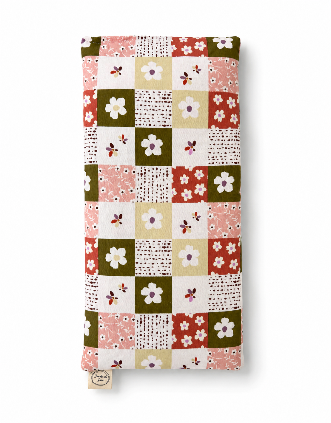 Handmade Jems Botanics Lupin heat pack with floral fabric cover and tied ribbon, designed for soothing warmth and comfort.