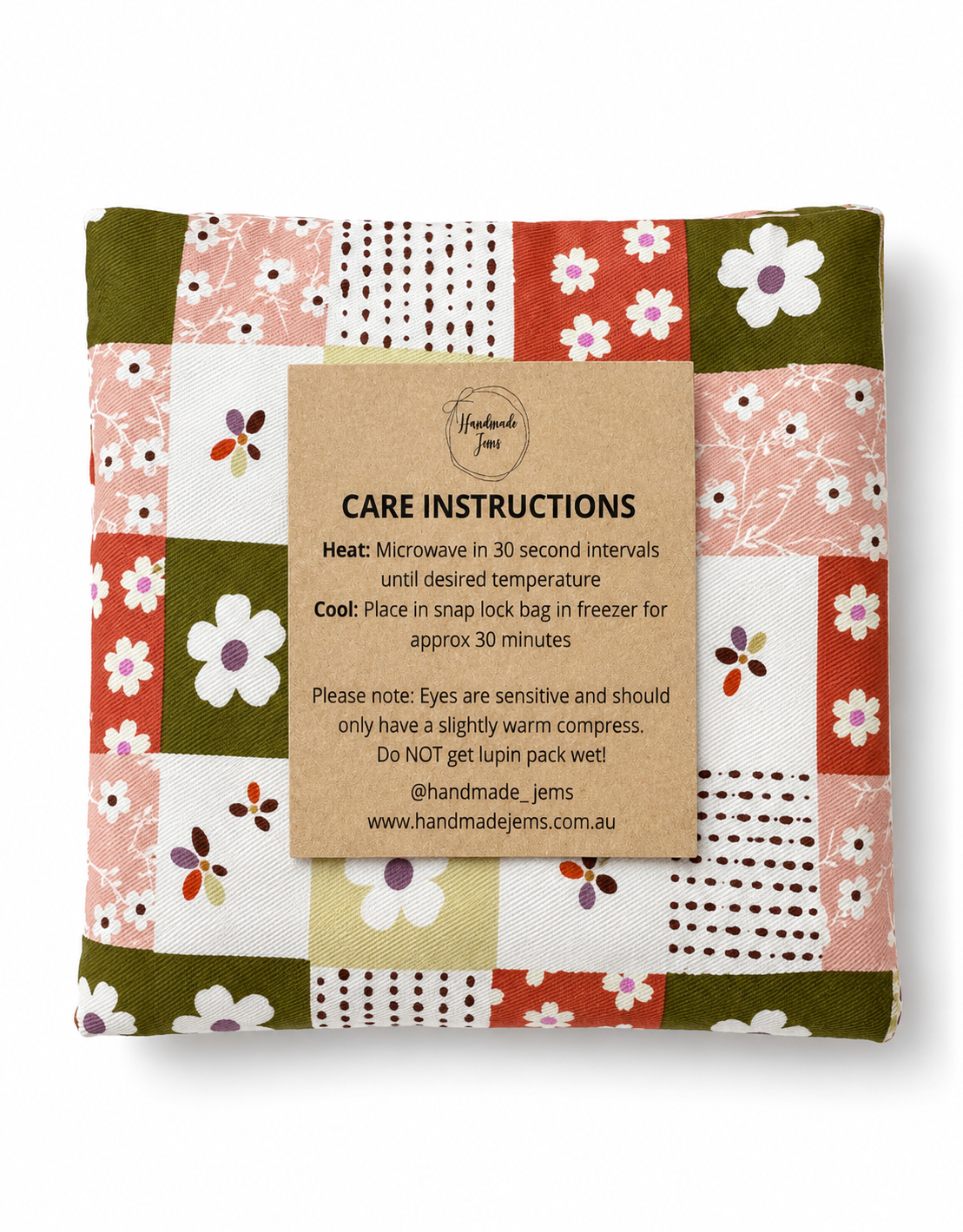Handmade Jems Botanics Lupin heat pack showing a soft, fabric-covered lavender-colored heat pack for soothing warmth.