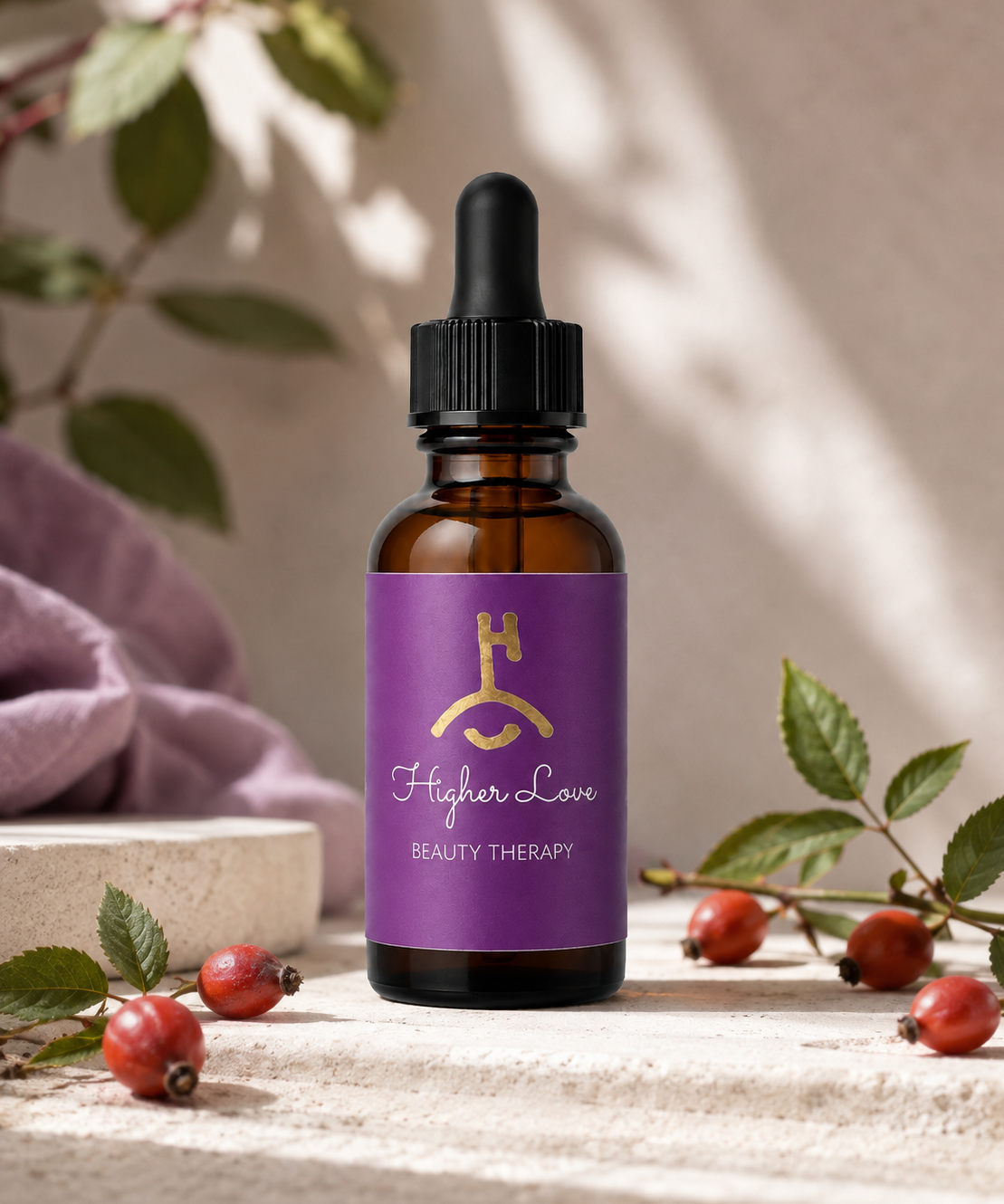 Organic rosehip face oil in a 30ml bottle by Higher Love Beauty Therapy, with the product bottle and dropper visible.