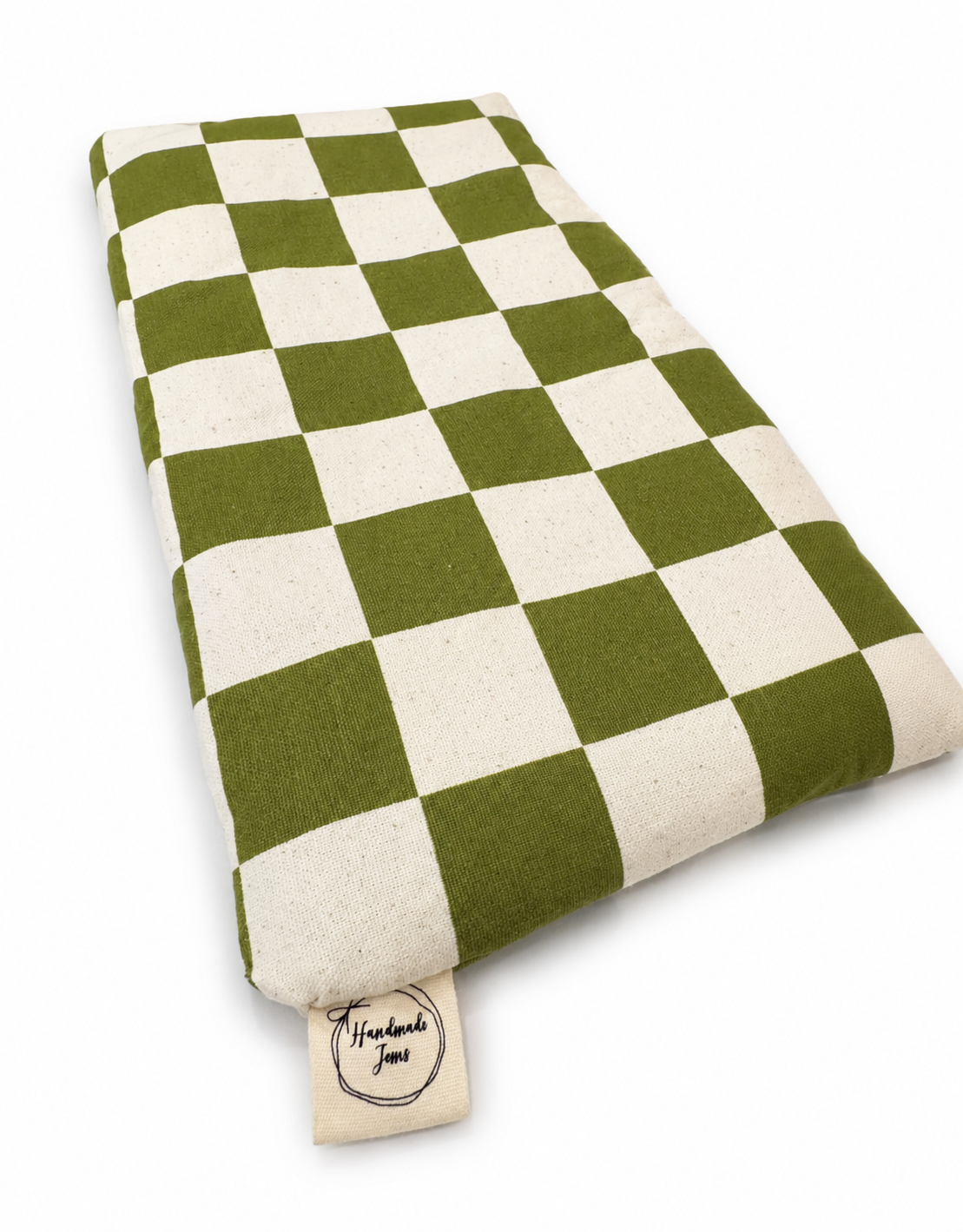 Handmade Jems green check Lupin heat pack with fabric cover, used for soothing warmth and therapeutic relief.