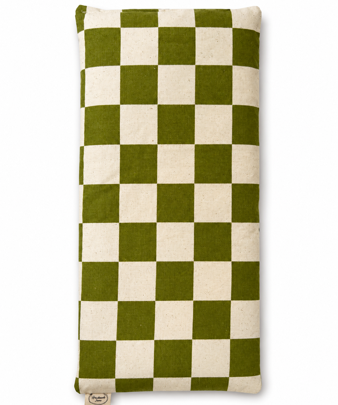 Green check lupin heat pack by Handmade Jems, soft fabric cover with a green check pattern, designed for soothing warmth and comfort.