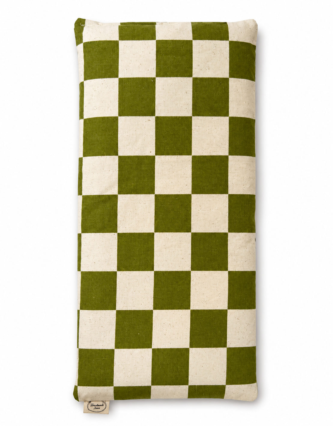 Green check lupin heat pack by Handmade Jems, soft fabric cover with a green check pattern, designed for soothing warmth and comfort.