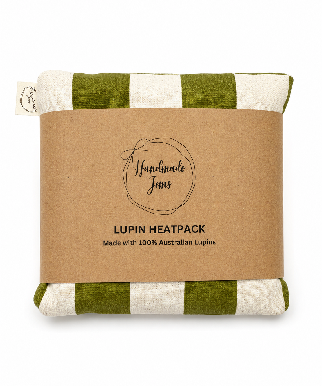 Green check lupin heat pack from Handmade Jems, showing a cozy fabric cover with a green checkered pattern and a heating element inside.