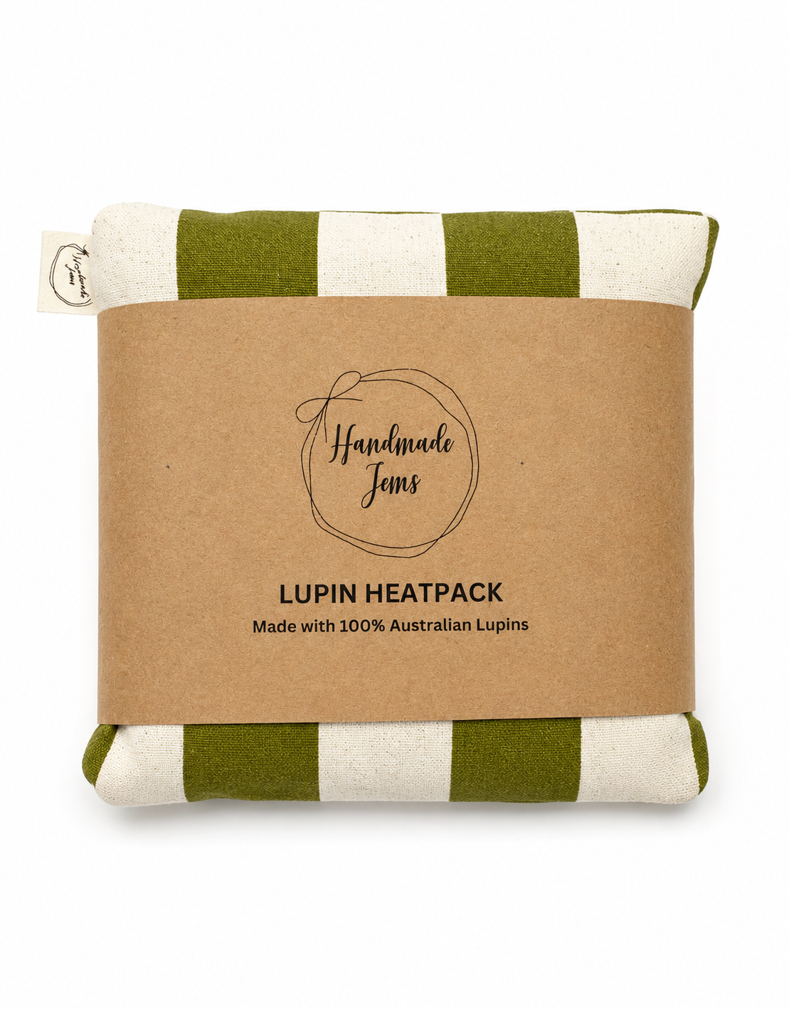 Green check lupin heat pack from Handmade Jems, showing a cozy fabric cover with a green checkered pattern and a heating element inside.