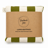 Green check lupin heat pack from Handmade Jems, showing a cozy fabric cover with a green checkered pattern and a heating element inside.