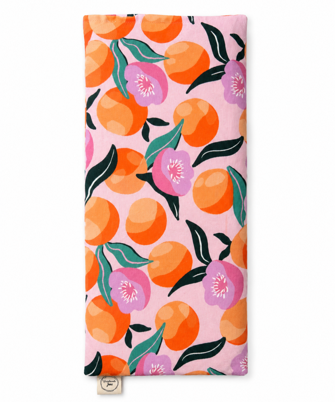 Pink peach lupin heat pack from Handmade Jems, soft fabric cover with floral design, ideal for soothing warmth and relaxation.
