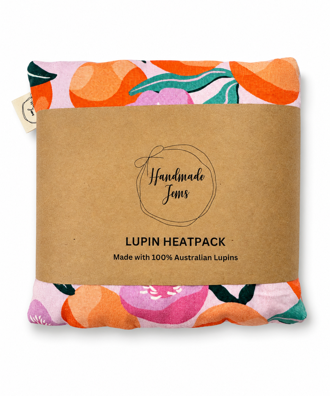 Pink peach lupin-shaped handmade heat pack by Handmade Jems, soft fabric with floral design for warmth and comfort.
