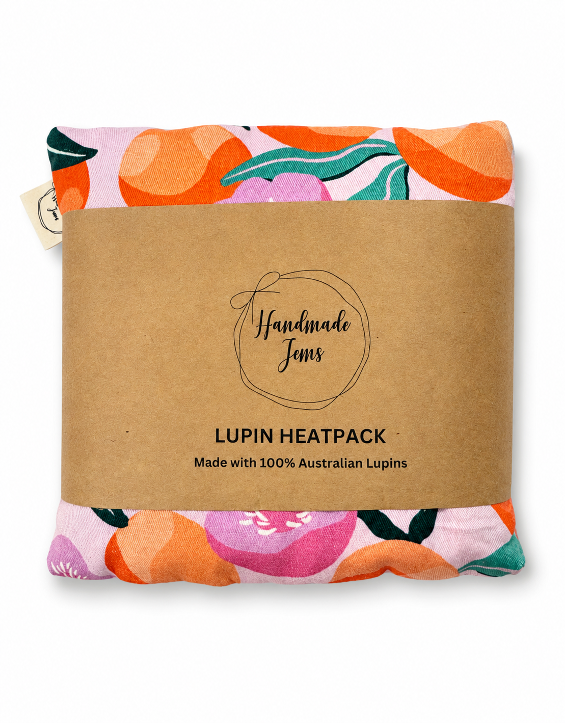 Pink peach lupin-shaped handmade heat pack by Handmade Jems, soft fabric with floral design for warmth and comfort.