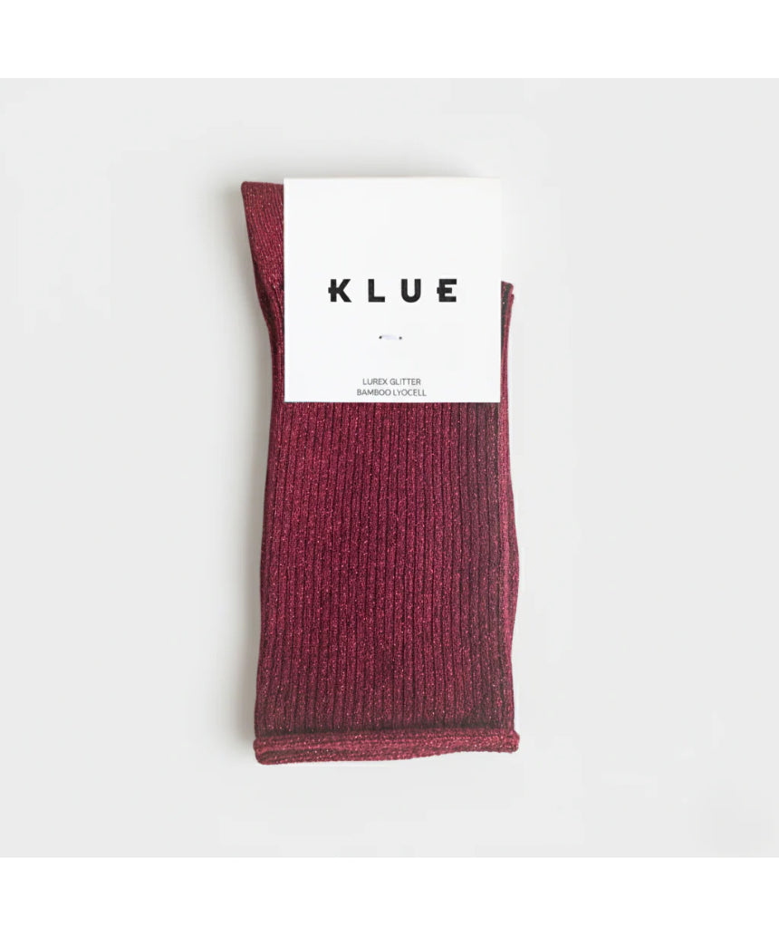 Cherry glitter Lurex socks by Klue featuring vibrant red color and shimmering texture, perfect for stylish everyday wear.