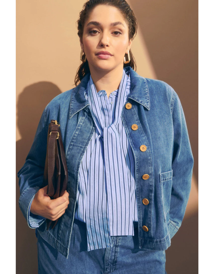 Elk Hedi Shirt in sparkle denim, shown on a hanger with detailed stitching and button front, stylish casual clothing.
