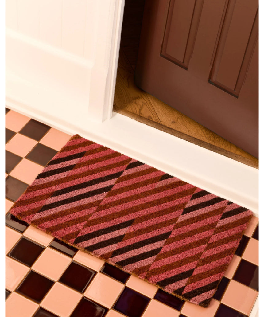 Bonnie & Neil pink patchwork door mat with colorful fabric squares, suitable for indoor or outdoor entryways.