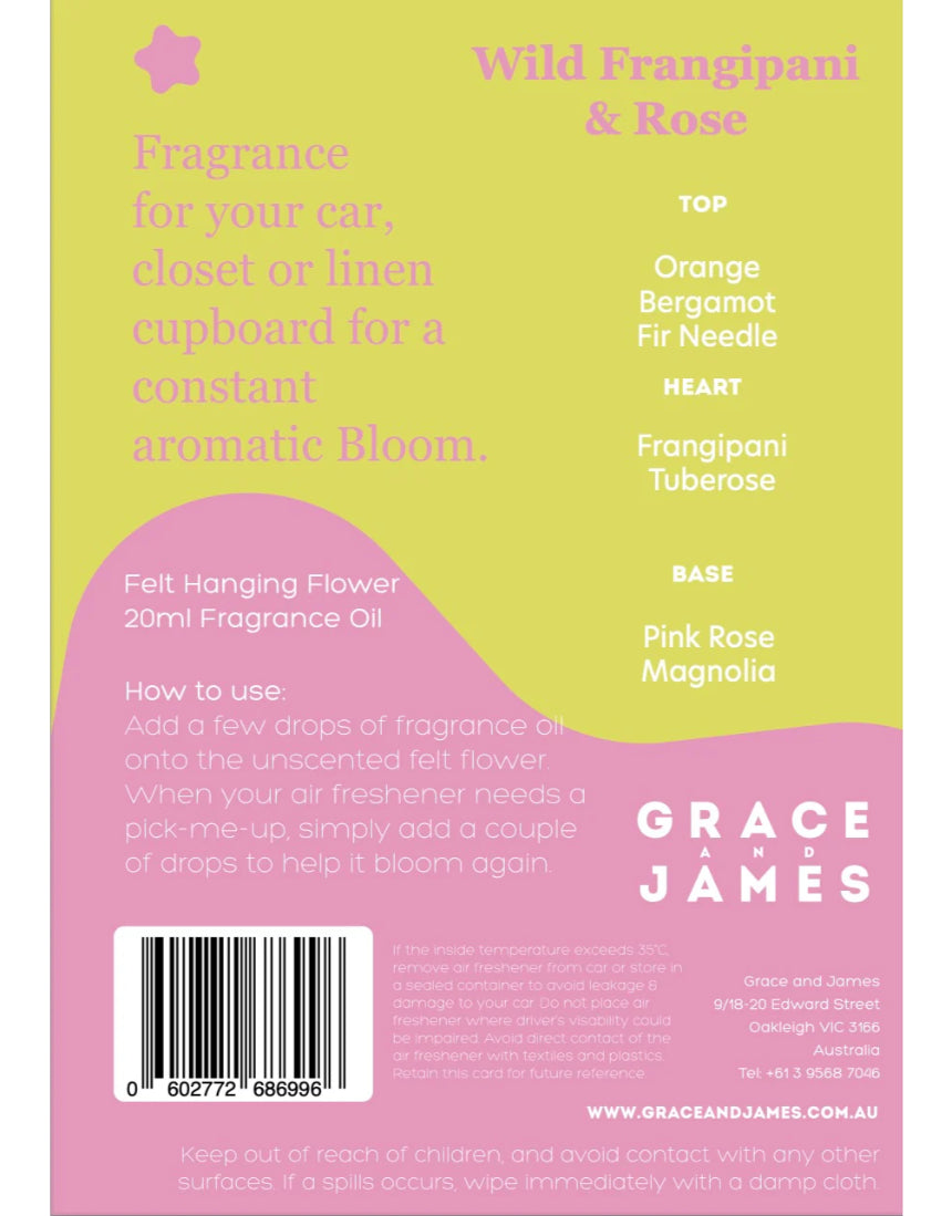 Grace & James Frangipani and Rose felt air freshener, showcasing a decorative card with floral design and fresh scent.