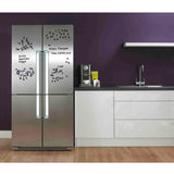 Suck UK fridge fonts magnets in various colorful letter styles on a metallic fridge surface.