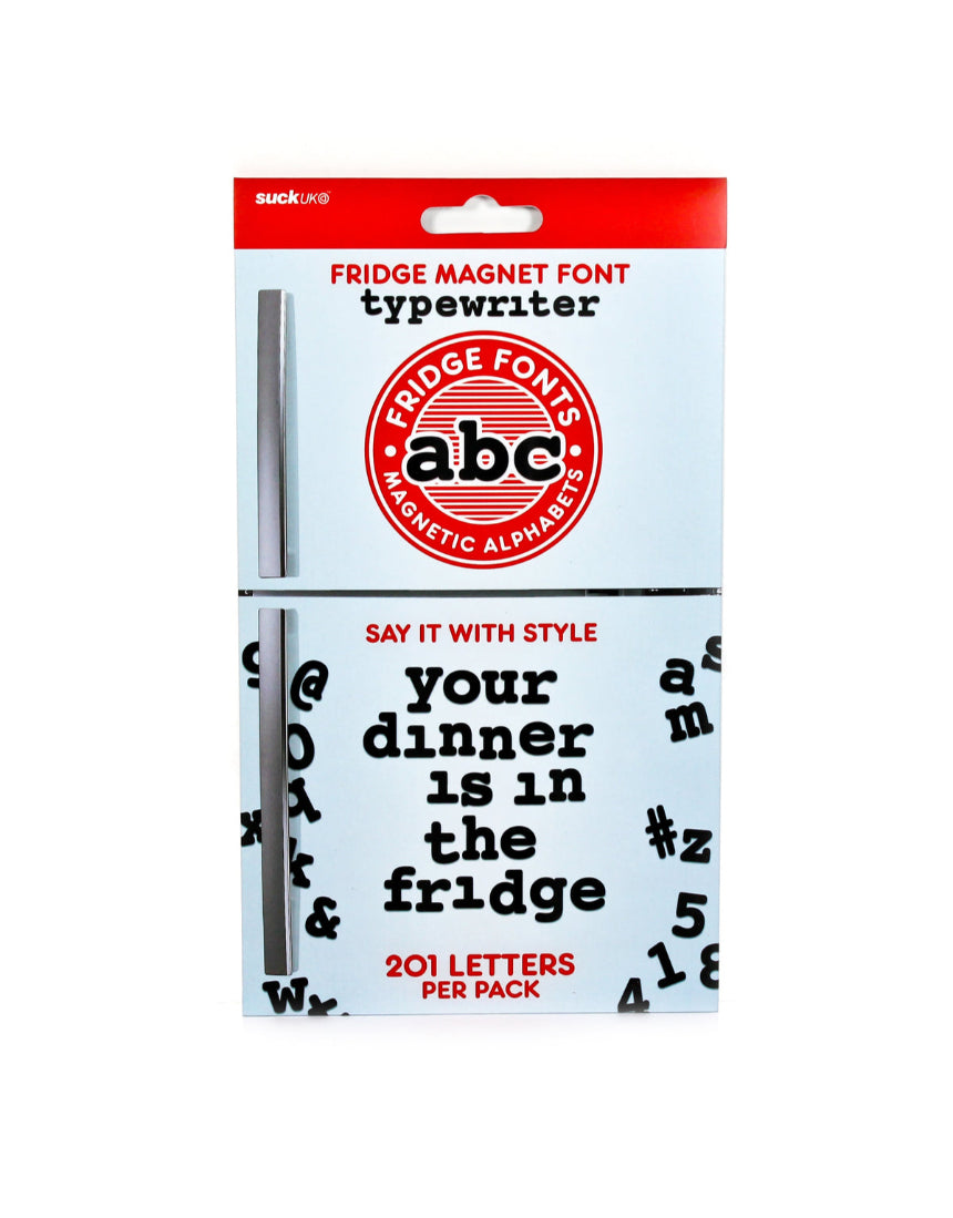 Suck UK fridge fonts magnets featuring colorful letter and number characters for decorative refrigerator lettering.