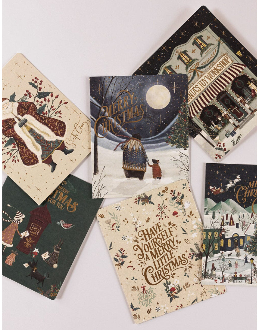 Bespoke Letterpress Christmas Village 6-pack greeting card box set featuring festive village illustrations on high-quality note cards.