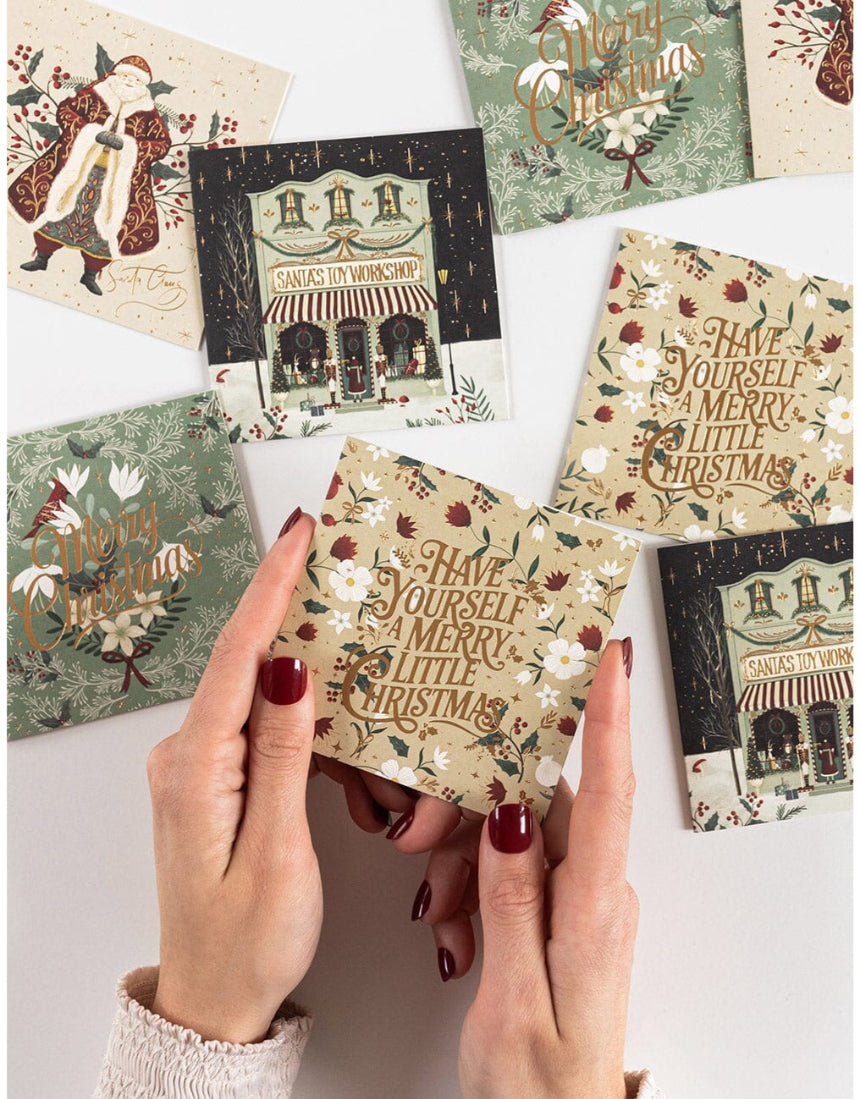 Set of 12 square Christmas Village greeting cards by Bespoke Letterpress, featuring festive holiday illustrations.