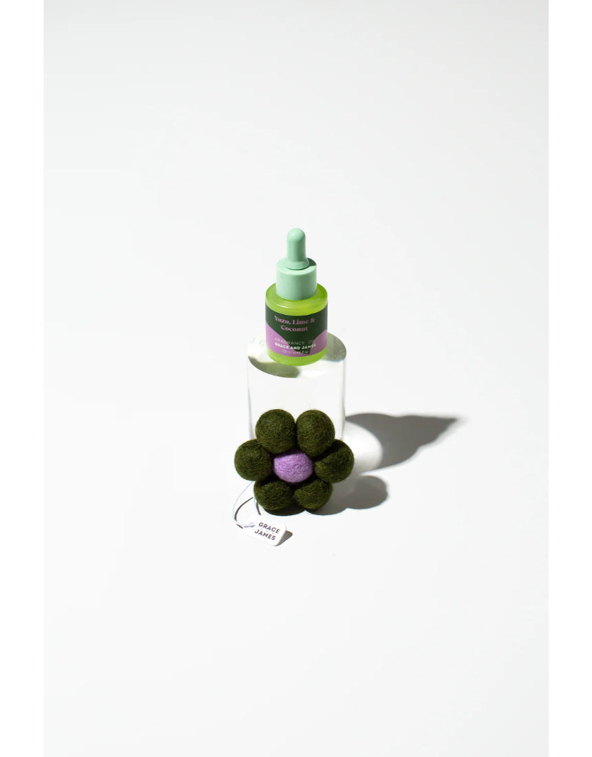 Grace & James Yuzu, Lime & Coconut felt air freshener with green and yellow felt layers, fresh citrus scent, hanging decorative accessory