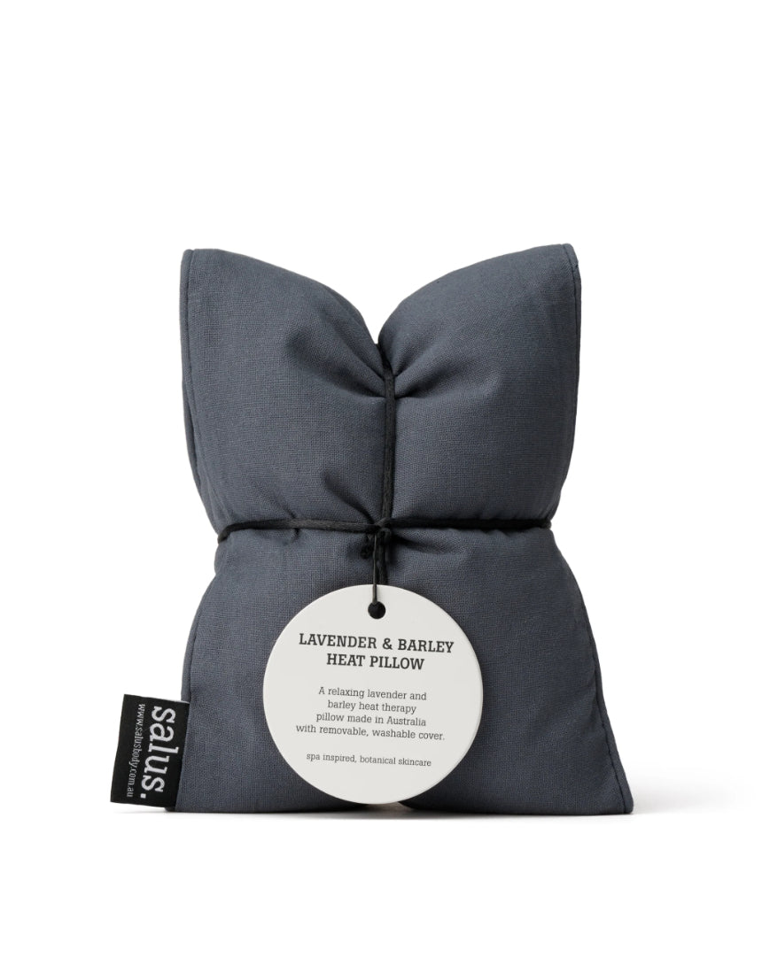 Salus Lavender and Barley Heat Pillow in charcoal color, soft fabric with lavender and barley accents, designed for soothing warmth.