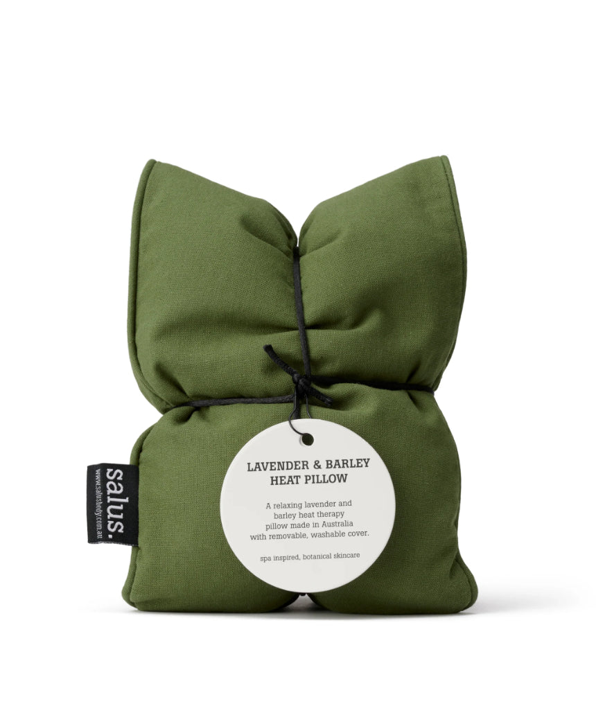 Salus Lavender and Barley Heat Pillow in forest green fabric, designed for soothing warmth and relaxation.