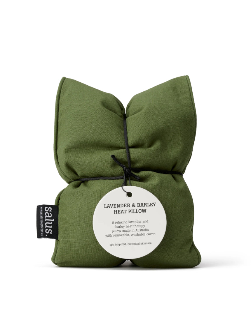 Salus Lavender and Barley Heat Pillow in forest green fabric, designed for soothing warmth and relaxation.