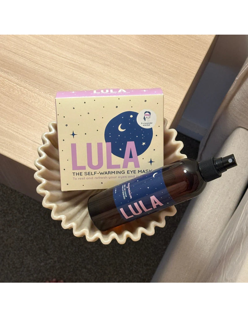 Lula Magnesium Spray eye mask relaxing for soothing and calming eye area, designed for comfort and stress relief.
